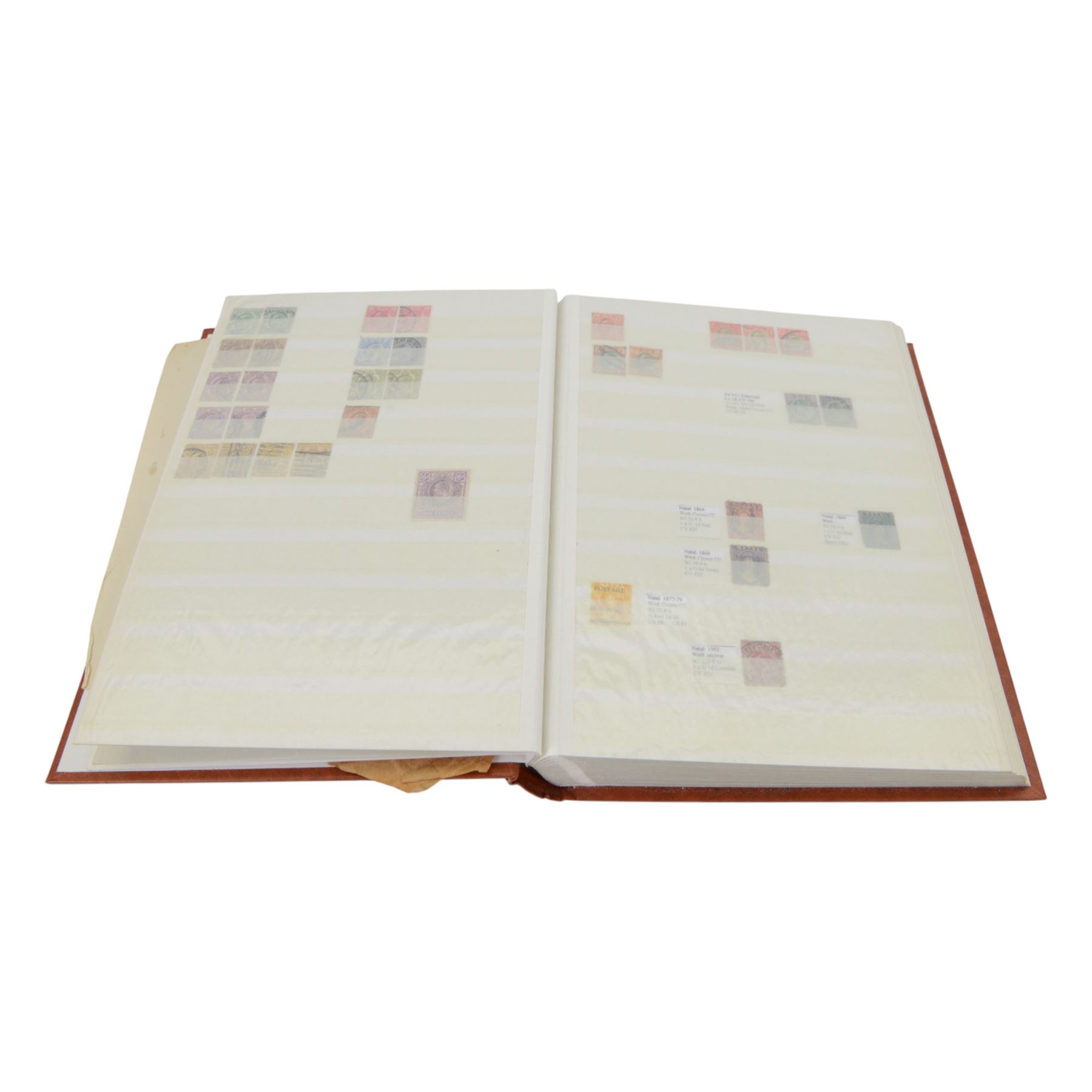 Extensive and well-annotated collection of Great Britain and World Queen Victoria and later stamps, including Queen Victoria penny black with faint red MX cancel, 1840 two pence blue, embossed issues, QV one pound brown lilac, QV one pound green, King Edward VII one pound green, numerous King George V seahorses, 1929 Postal Union Congress one pound, unused, King George VI 1939-48 mint set of six including ten shillings dark blue, Cape of Good Hope triangles, further Commonwealth issues, etc