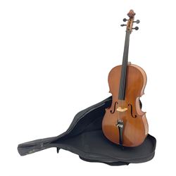Modern Stentor student's half-size cello with 65cm two-piece maple back and ribs and spruce top, bears label 'The Stentor Student' L104cm overall; in soft carrying case