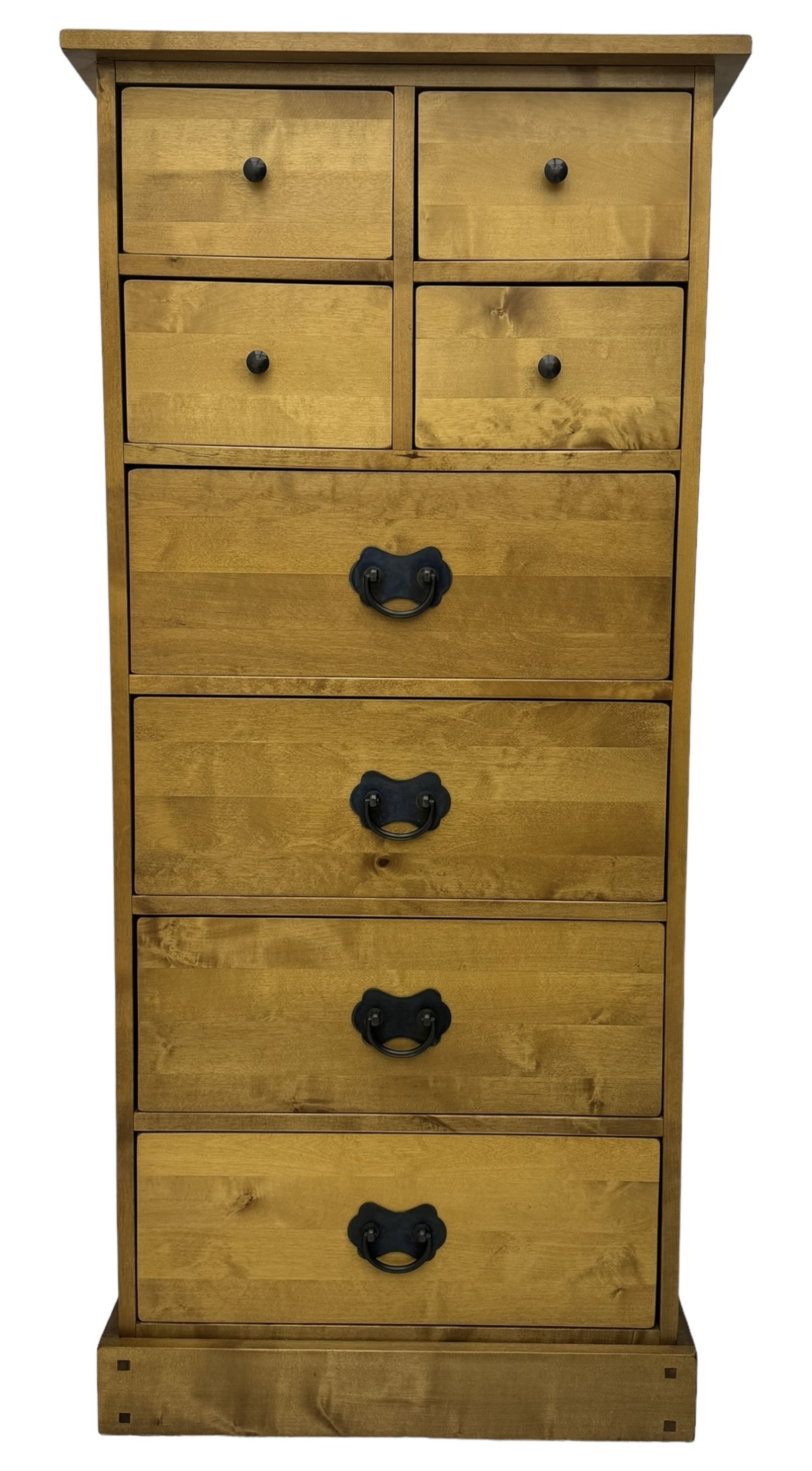 Laura Ashley - contemporary oak tall chest of drawers from the Garrat range, honeycomb rectangular top featuring central groove, over four small drawers with brass knob pulls and four long drawers with drop handles, on plinth base