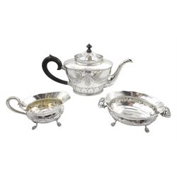 Danish silver teapot embossed swag and leaf decoration by A Steffensen, assay master Christian F. Heise, 1923, with matched silver milk jug and silver sugar bowl, approx 28.7oz