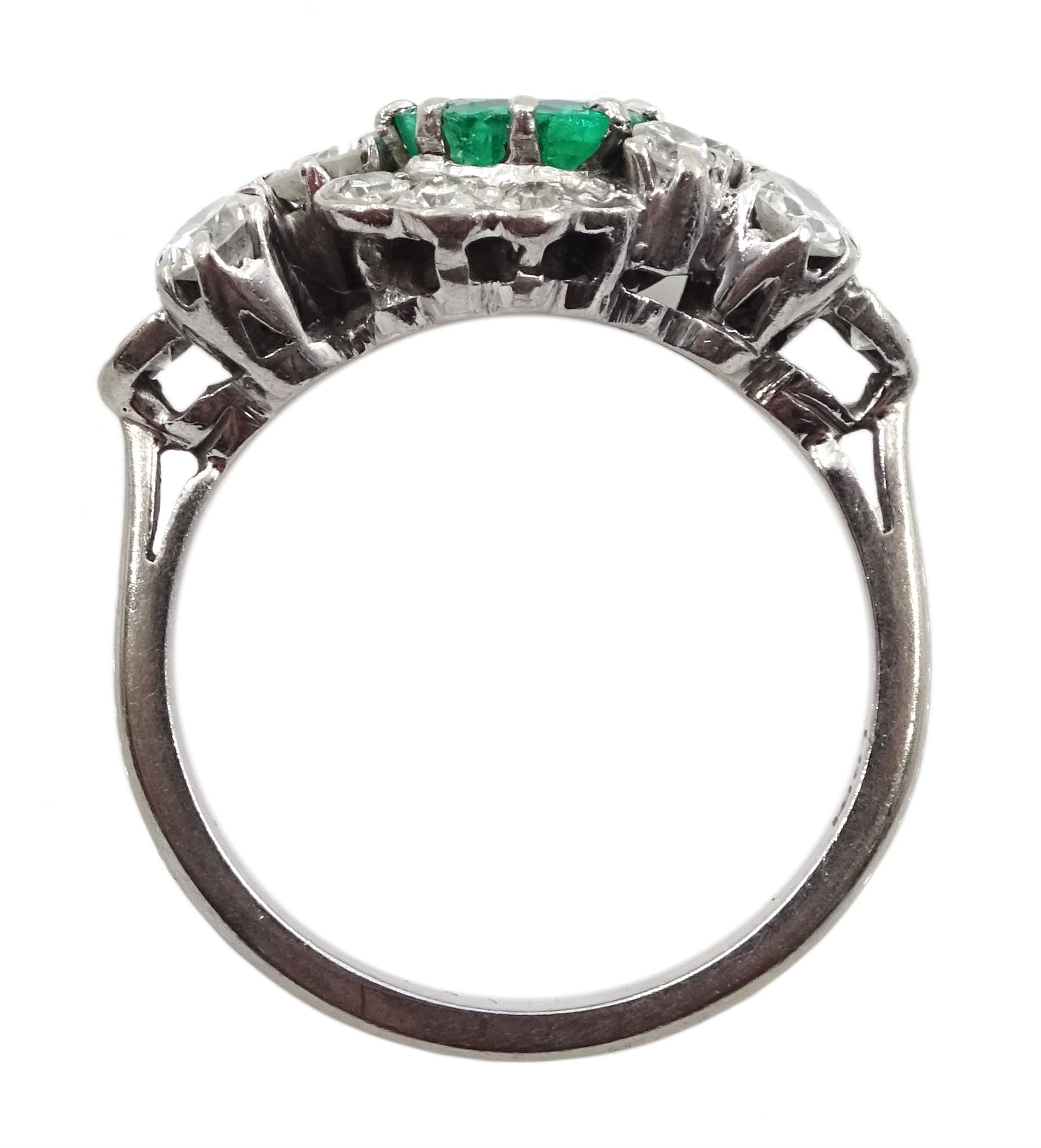 White gold round emerald and diamond cluster ring, stamped 18ct