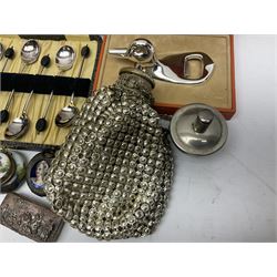 Saint Hilaire duck bottle opener, five silver plated knives/forks with silver ferrules, copper trinket box, silver plated concertina beaded bag and other collectables