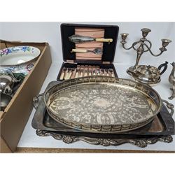 Collection of silver plate, including Walker and Hall tray, teapot, fish cutlery etc 