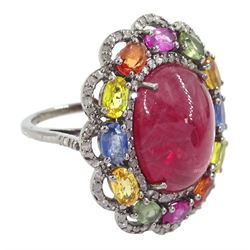 Large silver ruby, diamond and sapphire dress ring, oval cabochon ruby, with oval cut blue, orange, pink, yellow and green sapphires and round brilliant cut diamond surround, ruby approx 14.90 carat, total sapphire weight approx 3.60 carat, total diamond weight approx 0.60 carat