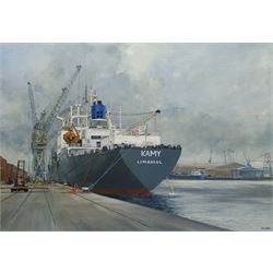 A E Gray (British mid/late 20th century): Unloading the 'Kamy' at Hull Docks, oil on board signed 45cm x 60cm