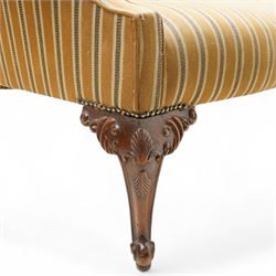 Chippendale design hardwood-framed settee, arched back over rolled arms and serpentine seat, upholstered in striped fabric, on shell and foliate carved cabriole supports with scrolled terminals, together with matching scatter cushions 