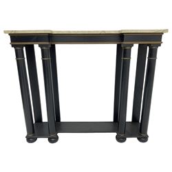 Italian design ebonised reverse-breakfront console table, painted simulated marble top over ebonised pilasters with gilt piping, platform base on compressed bun feet
