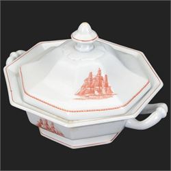 Wedgwood Flying Cloud Georgetown collection tea and dinner wares, including tureen, seven teacups, ten saucers, twelve side plates, three small bowls, two platters, thirteen dinner plates, etc, all decorated with red clipper ship and with printed marks beneath