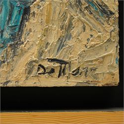 Barry De More (Yorkshire 1948-2023): 'Woolshops Halifax - Busy Day, oil and impasto on board signed, titled and dated 2012 verso 70cm x 40cm
Notes: Acclaimed as one of the North's greatest expressionist artists, Barry De More (1948-2023) used a heavy impasto style to transfer his love of Yorkshire landscapes, townscapes and people to canvas. His work sits comfortably in the company of work by Kossoff and Auerbach, selling to collectors in the UK and overseas. De More's work can be found in the permanent collection of work by Northern Artists at Dean Clough, one of the UK's largest contemporary art galleries.