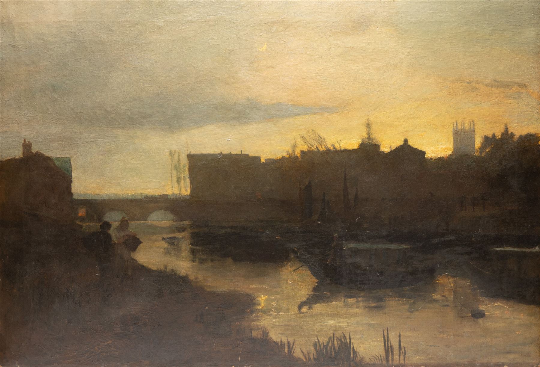 Attrib. John William Buxton Knight (British 1842-1908): 'The Banks and Bridge of the Dee at Chester', oil on canvas, signed titled and dated 1876 verso 91cm x 132cm (unframed)