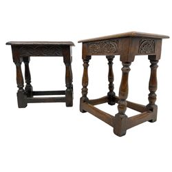 17th century design oak stool, moulded rectangular top over foliate carved frieze rails, on turned supports united by stretchers (44cm x 23cm, H45cm); together with a similar stool (43cm x 26cm, H46cm) 