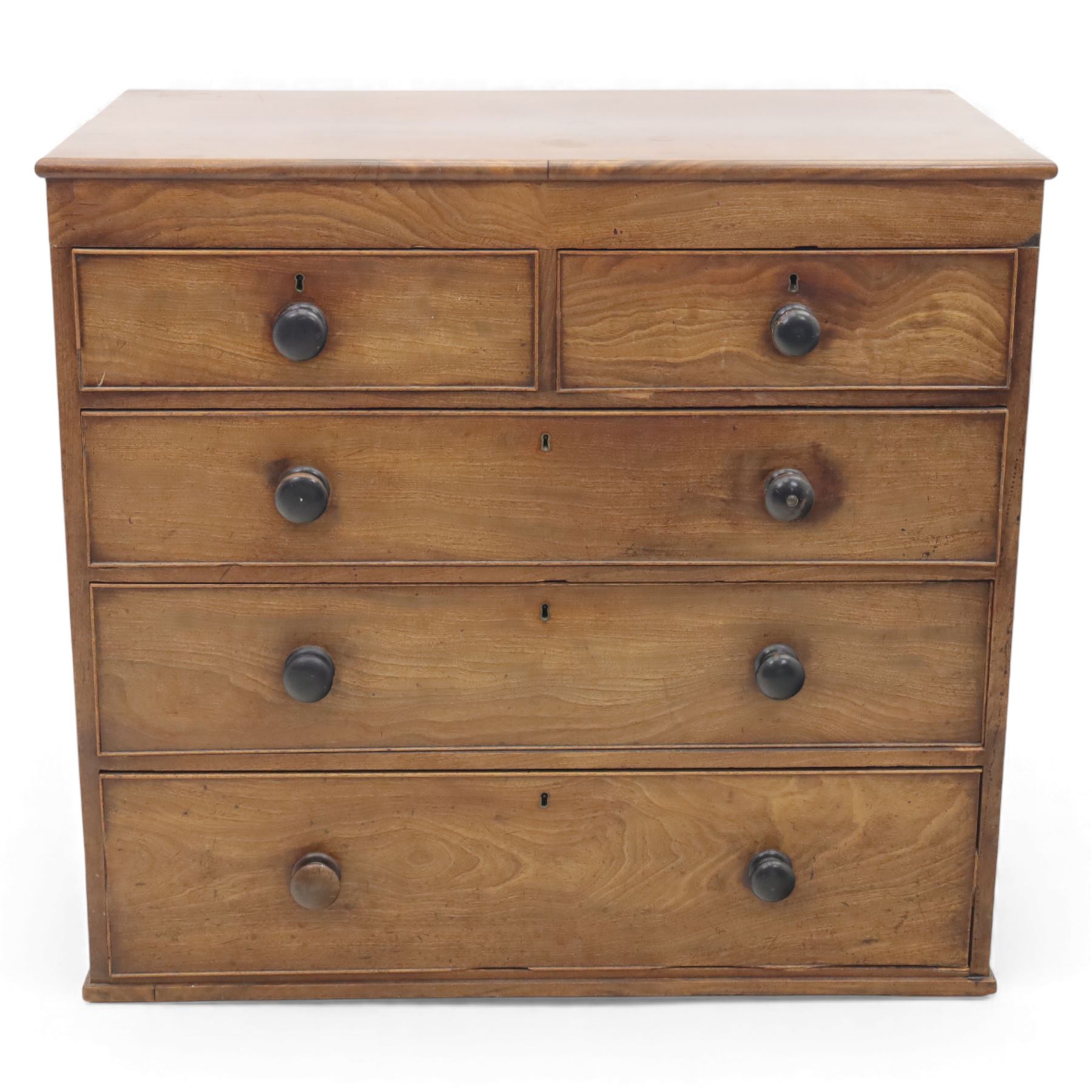 19th century mahogany chest, fitted with two short over three long cock-beaded drawers, turned wooden handles
