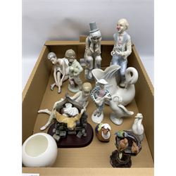 Three clown figures comprising Royal Doulton 'Harlequin', Cascade and Porceval examples, Nao swan vase and three figures, two Lladro geese, etc