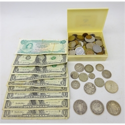  Collection of Great British and world coins including 1887, 1900 and 1914 British half crowns, 1939 Irish half crown, 1943 United States of America half dollar, small quantity of World silver coins, Bahamas Monetary Authority $1 banknote, eight United States of America $1 bills and other coinage, in one box  