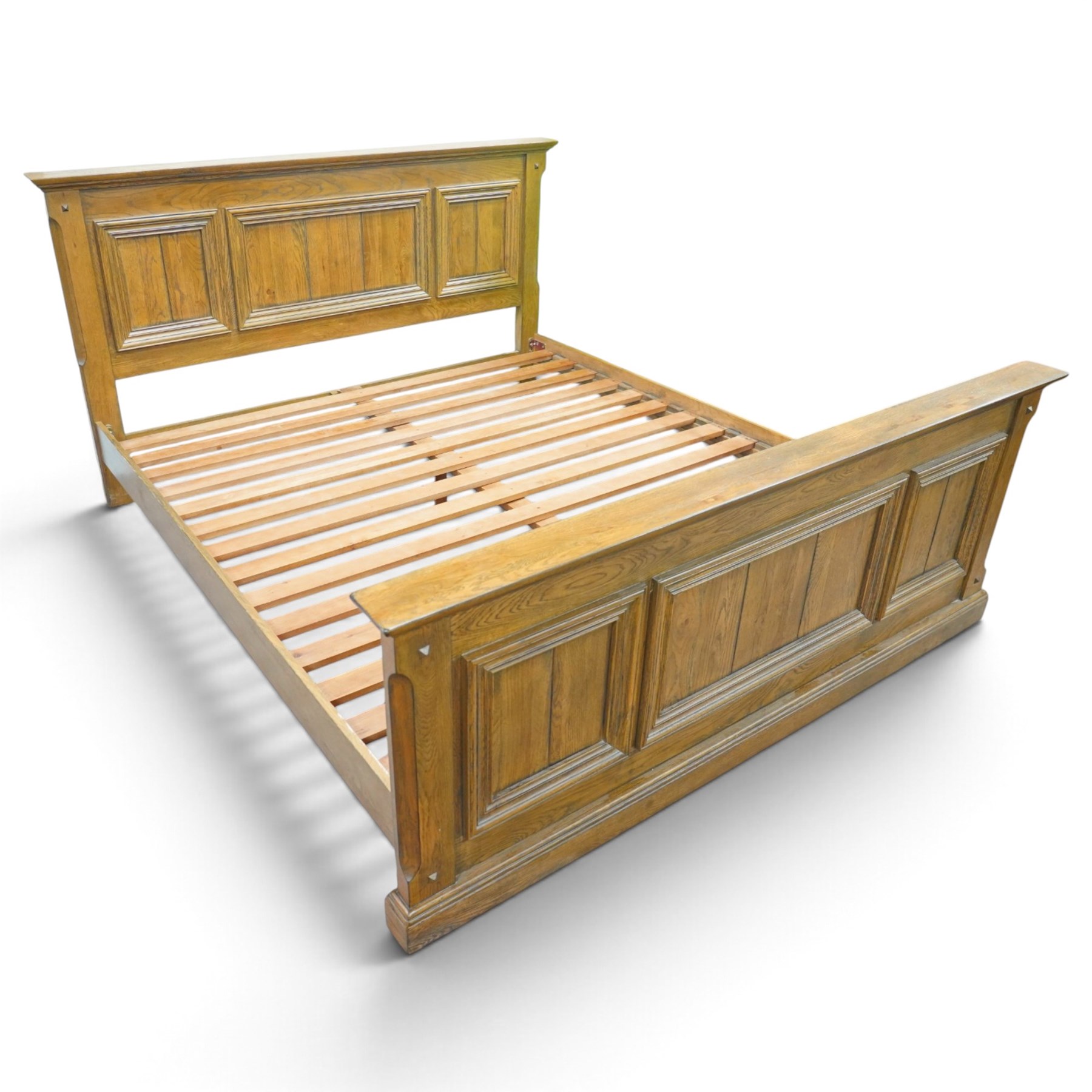 Contemporary oak superking sized bed and unused mattress, panelled headboard and footboard, with slats and superking William Night 'Rock Firm' mattress  