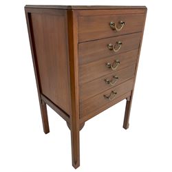 Edwardian mahogany five-drawer music cabinet, moulded top over five drawers with fall fronts, on chamfered square supports 