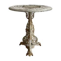 Coalbrookdale design - 19th century cast iron and cast alloy garden table, circular top with beaded edge pierced with scrolls, the pedestal decorated with scrolling and foliate motifs triple arm platform bass with scrolled feet