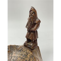 'Gnomeman' tooled oak ashtray, hexagonal form with carved standing gnome signature, by Thomas Whittaker of Littlebeck 