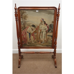  Victorian mahogany fire screen, moulded frame with needlework panel, turned supports with four scroll carved feet, W86cm, H132cm  