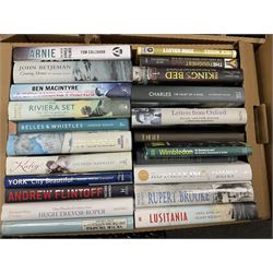 Quantity of hardback books, to include autobiographies, fiction, non fiction, , etc, in five boxes 
