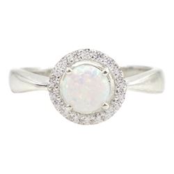 Silver opal and cubic zirconia halo cluster ring, stamped 925 