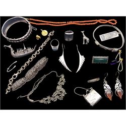 Pair of contemporary silver wing earrings, two 9ct gold pendant/charms, Victorian Etruscan rival hinged bangle, Birmingham 1883, silver miniature purse, silver and stone set silver jewellery and a collection of other jewellery 