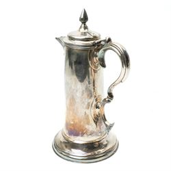 Britannia metal flagon by James Dixon & Sons with scroll handle and hinged lid H35cm and a silver plated fiddle pattern soup ladle (2)