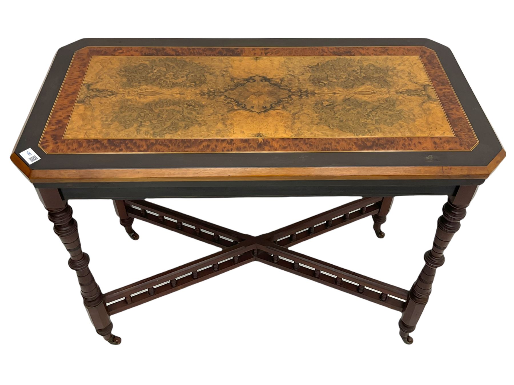 Late Victorian figured walnut and amboyna card-table, rectangular fold over top with baize lining, on turned supports joined by x framed balustrade stretchers