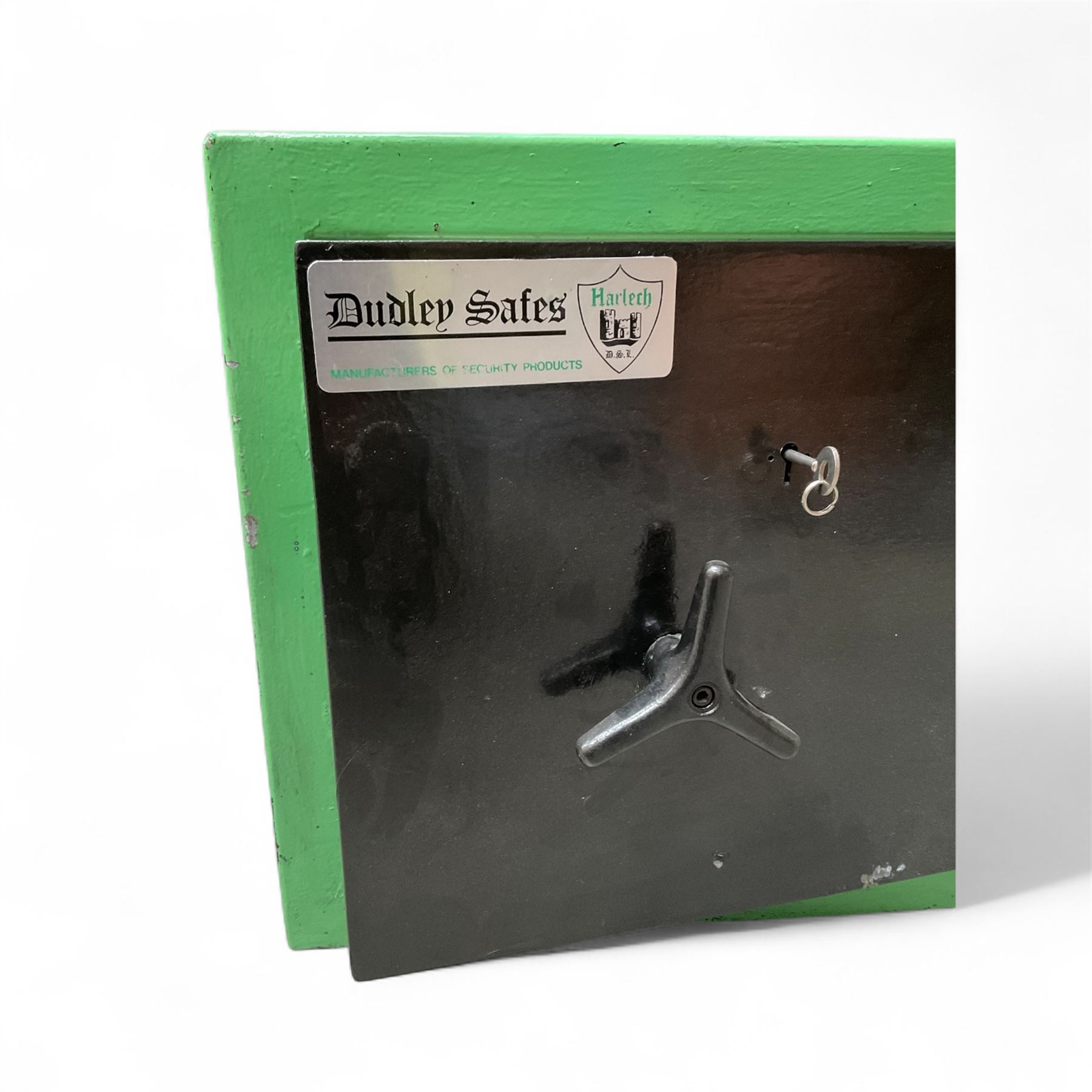 Green painted steel valuables safe, with key