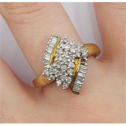 9ct gold baguette and round brilliant cut diamond cluster ring, hallmarked