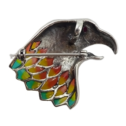Silver plique-a-jour , marcasite and ruby eagle brooch, stamped 925