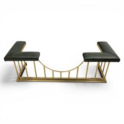 Regency design brass and green leather club fender, padded cushion corners