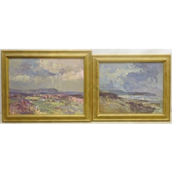 T Dimmock (British 20th century): Sheep Grazing on Heather, oil on board signed and dated '89, and Coastal Scene, oil on board probably by the same hand signed Macpherson, max 31cm x 41cm