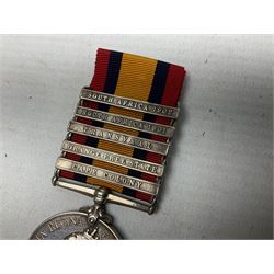 Queens South Africa Medal with five clasps for South Africa 1902/1901, Transvaal, Orange Free State and Cape Colony awarded to 4640 Pte. A. Farmer 1st Dgn. Gds. with ribbon and manuscript biographical details