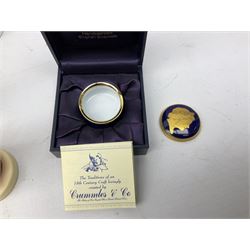 Pair of cased Boots Ascot binoculars, 10 x 50, Elizabeth & Phillip diamond wedding anniversary limited edition coin first day cover, Diana stamps, Cummles boxed Queen Elizabeth II enamel box, four Goebel Hummel figures, other ceramics and metal ware etc