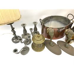 A group of assorted metalware, to include Victorian copper kettle with swing handle, pair of Danish pewter candlesticks, and further pair with twin branches, pair of wall sconces, etc. 