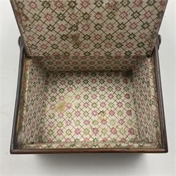 19th century rosewood Tunbridge Ware basket, of rectangular form with curved bentwood handle, and twin hinged sloping covers, lifting to reveal paper lined interiors, not including handle H5.5cm D10.5cm L18cm