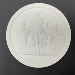Six Royal Copenhagen white biscuit roundels, decorated in relief with various scenes of Classical figures, with printed marks verso, D14cm