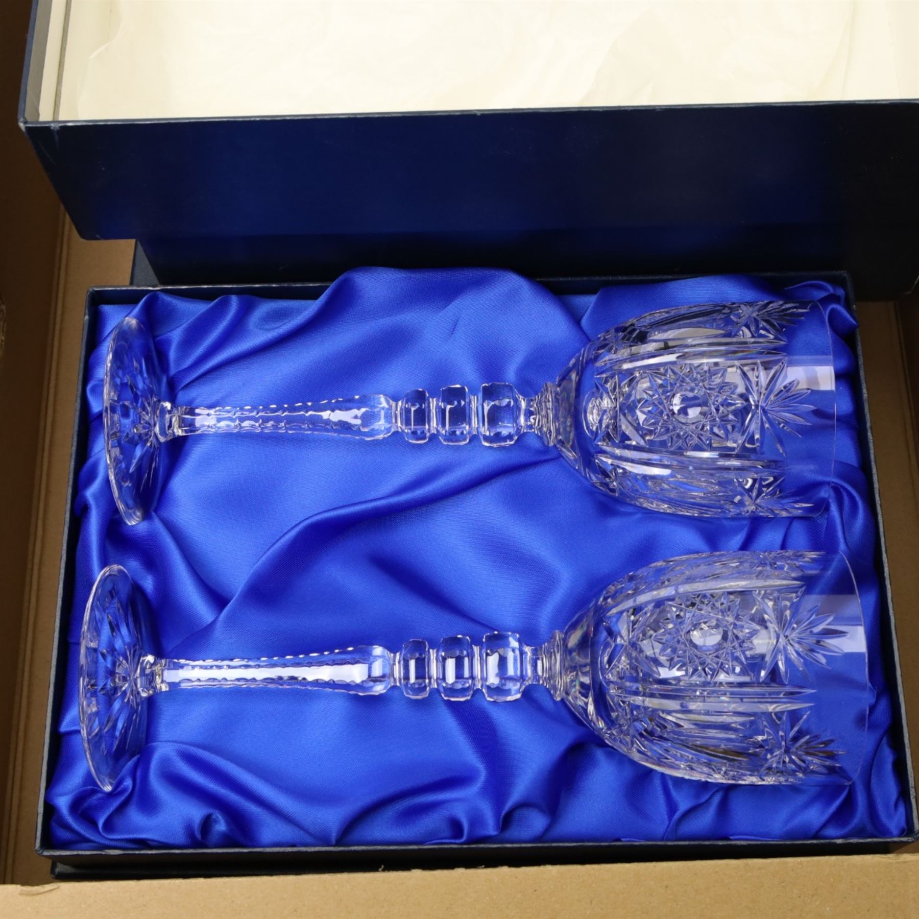 Set of eight cut wine glasses, boxed, glass decanters and table glass