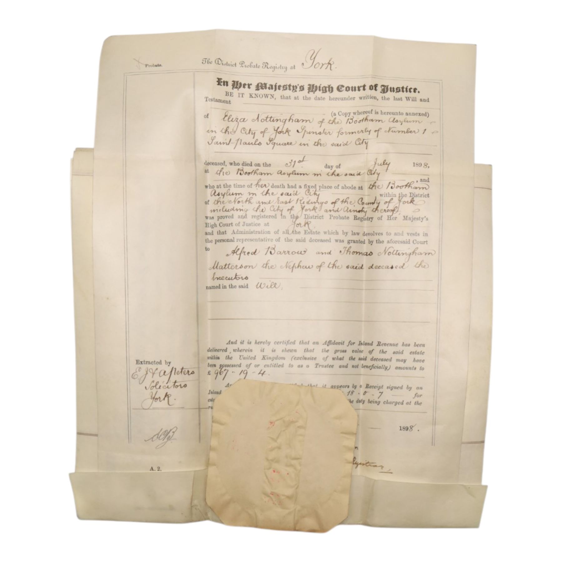 York interest - collection of 18th and 19th century vellum indentures, wills, probate documents and related papers concerning central York properties, streets and residents, including Micklegate, The Shambles, Bootham, Fishergate, Walmgate, Monkgate and Goodramgate, with probate of John Ealand, formerly of The Shambles, York, butcher, later of Swan Street, Nunnery Lane, probate of Roger Iddison of No.8 Portland Street, York, auctioneer, probate of Eliza Nottingham of Bootham Asylum, formerly of St Paul’s Square, together with documents relating to butchers, farmers, tradespeople and York families, many retaining original seals and stamps, in one box