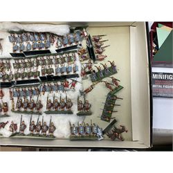 Painted metal wargame figures - over four hundred including Normans and Saxons, Romans, British Tribes etc; together with a quantity of part-painted and unpainted figures, battlefield weapons and accessories etc; average size 25mm