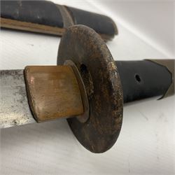 Good quality Japanese sword blade with later WWII fittings and scabbard  - 67.5cm slightly curving blade with unmarked tang, plain iron tsuba and lacquered grip with copper mounts; in lacquered wooden scabbard with tape bound tip L94cm overall