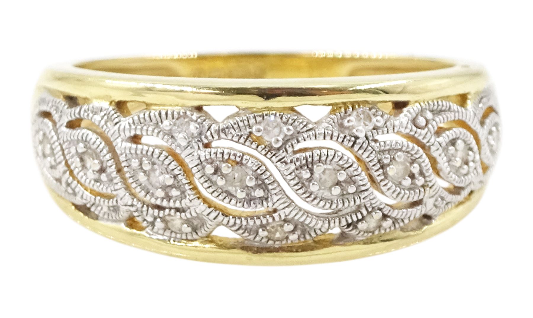 9ct gold diamond ring, milgrain set diamond chips, in a fancy openwork setting, hallmarked