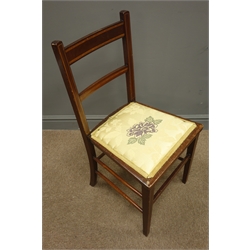  Set three Edwardian inlaid mahogany bedroom chairs, upholstered seat with floral pattern, square tapering supports joined by stretchers  
