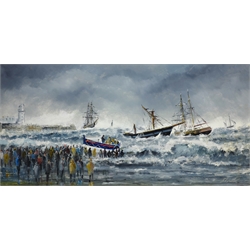  Robert Sheader (British 20th century): Salvaging a Wreck on the South Bay Scarborough, oil on board signed 30cm x 60cm  