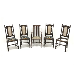  Set four early 20th century oak dining chairs, cane work splat flanked by barley twist supports, upholstered seat (W47cm) an inlaid dining armchair (5)  