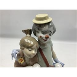 Two Lladro figures, comprising Masquerade Ball no 5452 and Pals Forever no 7686, together with Lladro Art Brings Us Together plaque, all in original boxes, largest example H23cm