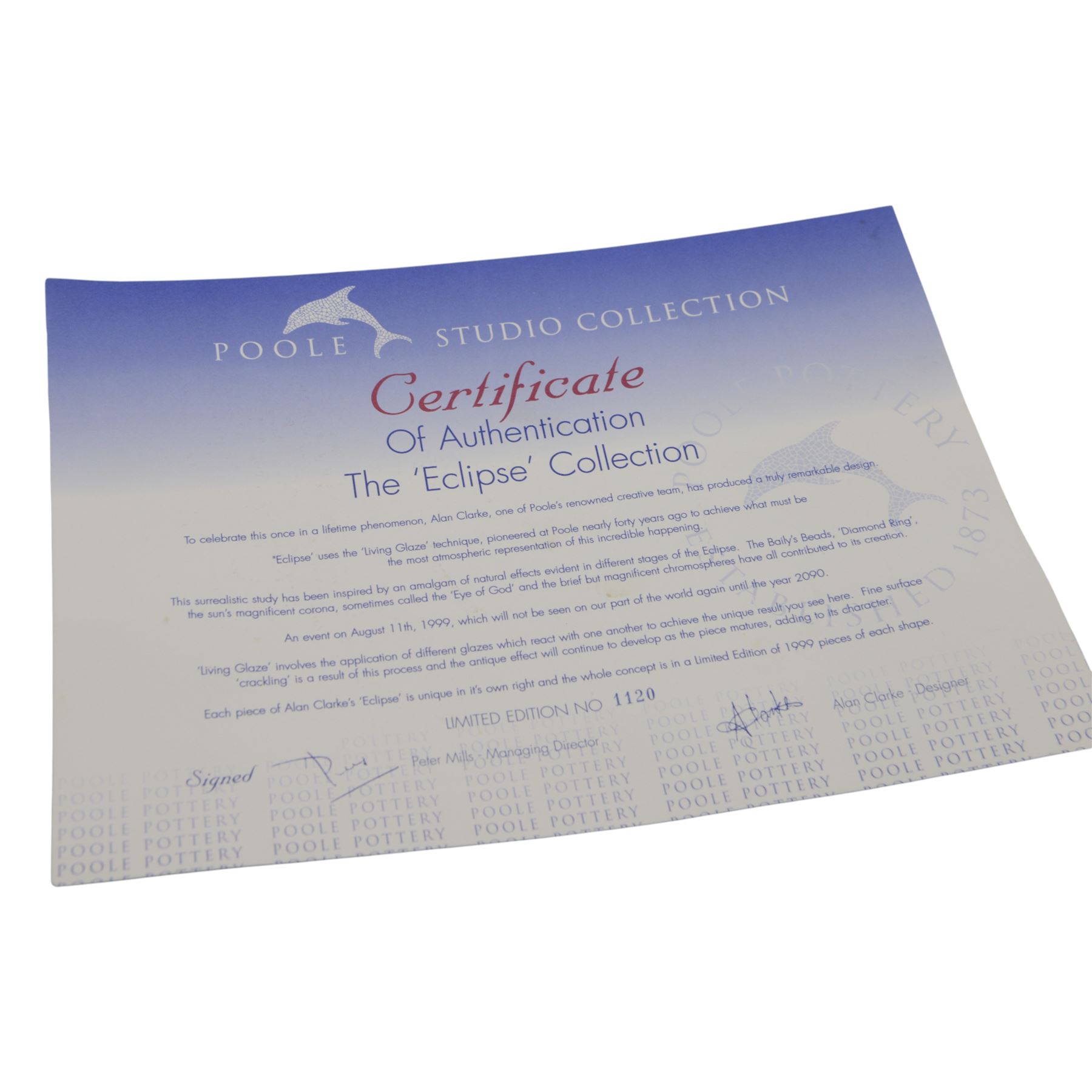 Poole Studio Collection Eclipse charger designed by Alan Clarke, with certificate, together with Poole Spider Orchid charger by Anita Harris, largest D35cm