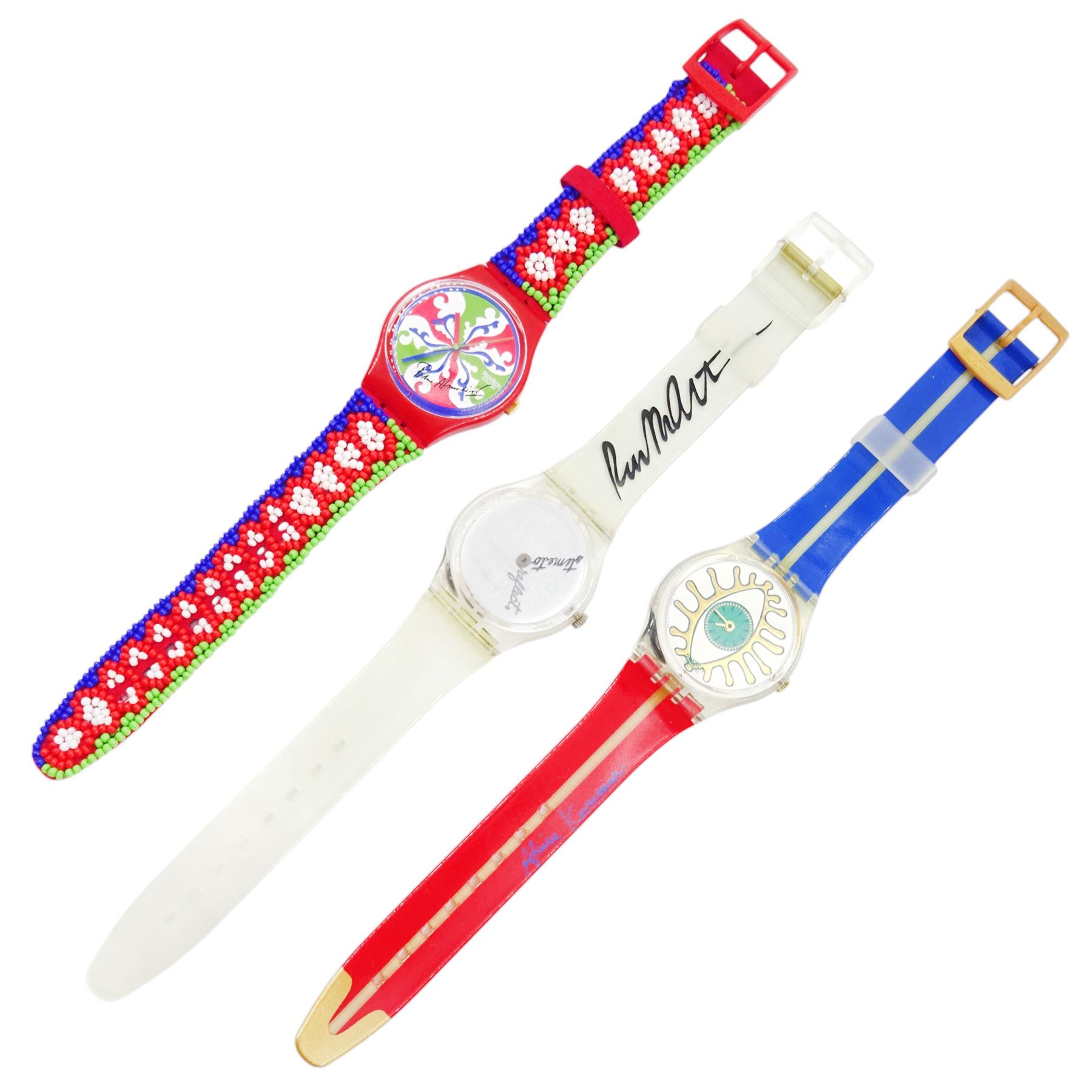 Swatch 100 years of Cinema three quartz wristwatches, each watch with mini film by Robert Altman, Pedro Almodovar and Akira Kurosawa, boxed with mini projector