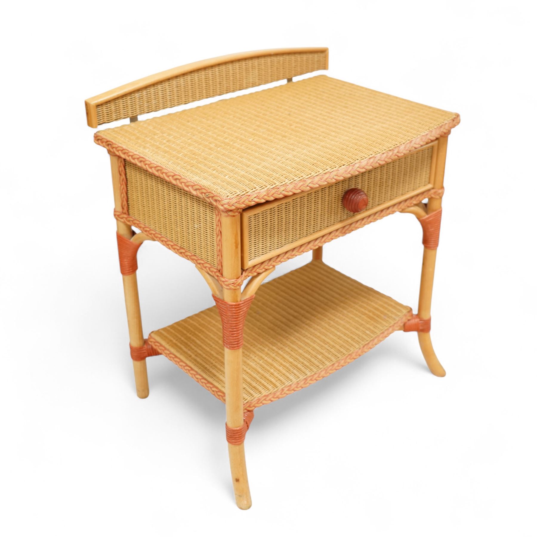 Lloyd Loom of Spalding - pair of mid 20th century bedside cabinets, each with raised gallery back, single drawer and undertier, woven paper weave construction on tubular supports